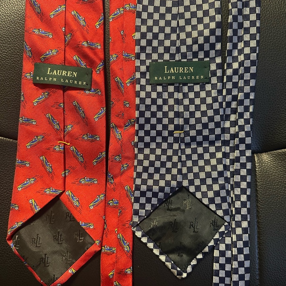 2 Ralph Lauren Red Boxcar Patterned and Blue Checkered Ties